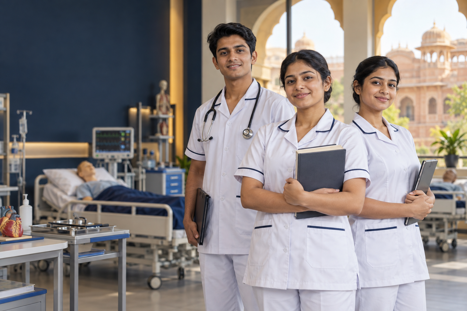 Nursing students in a modern clinical training laboratory